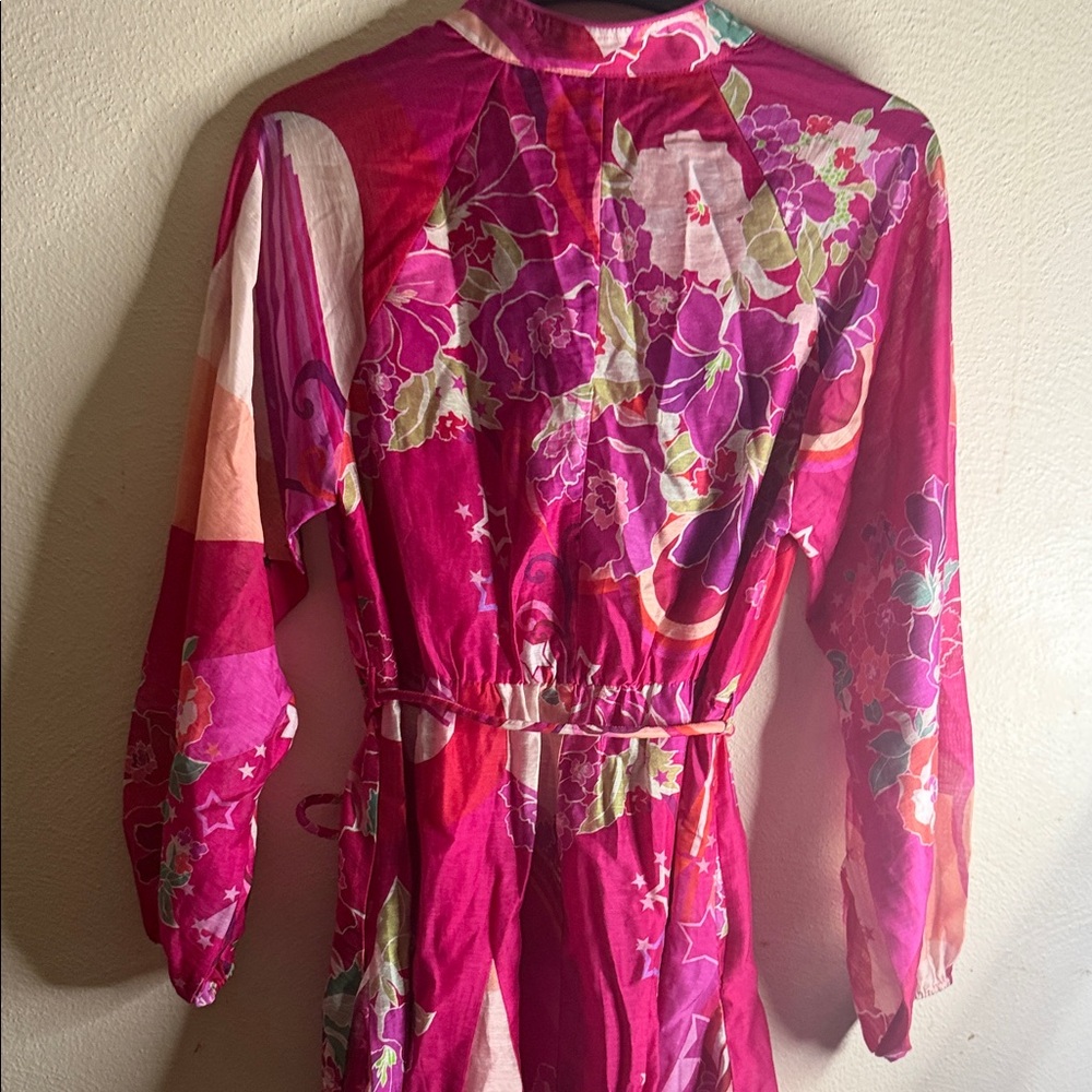 Ciebon Bright Fuchsia Floral Button-Front Midi Dress with Tie Waist - Picture 9 of 12